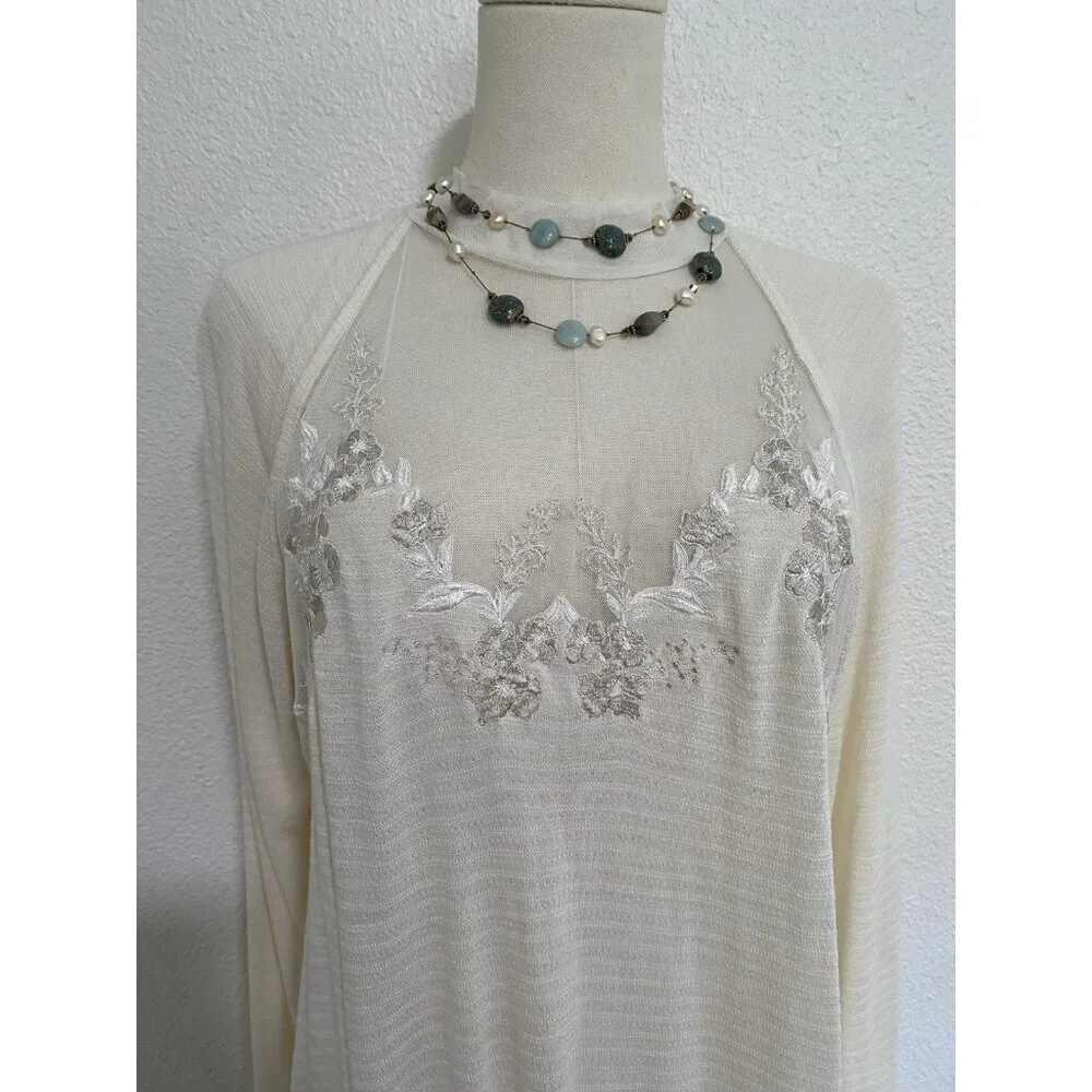 Free People Women's Size Large Ivory Saheli Mesh Embroidered Mock Neck Tunic Top